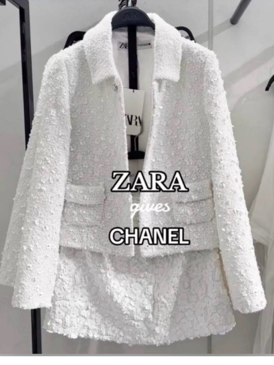 Zara Jackets & Blazers - ZW Collection Chanel Vibes White Sequin Mini Skirt & Cropped Jacket Set